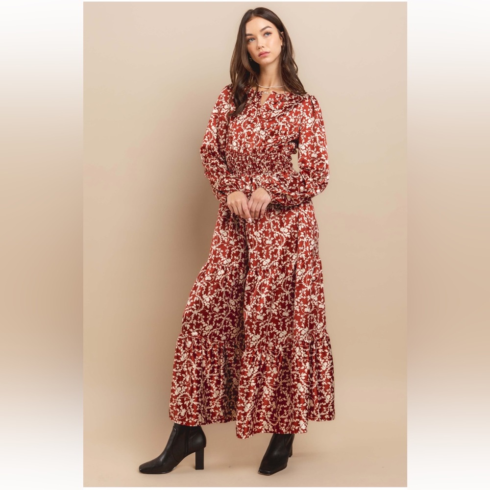 Boho Floral Printed Satin Tiered Maxi Dress